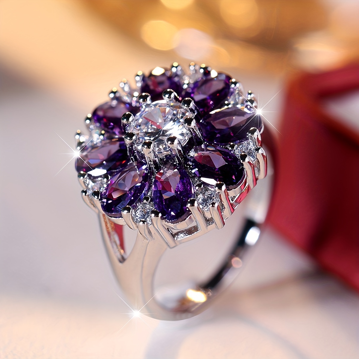 Promise Ring Dainty Flower Purple Zirconia Wedding Ring